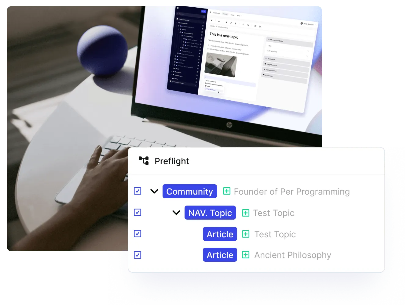 Paligo Preflight tree mapping topics to Community, NAV. Topic and Article levels