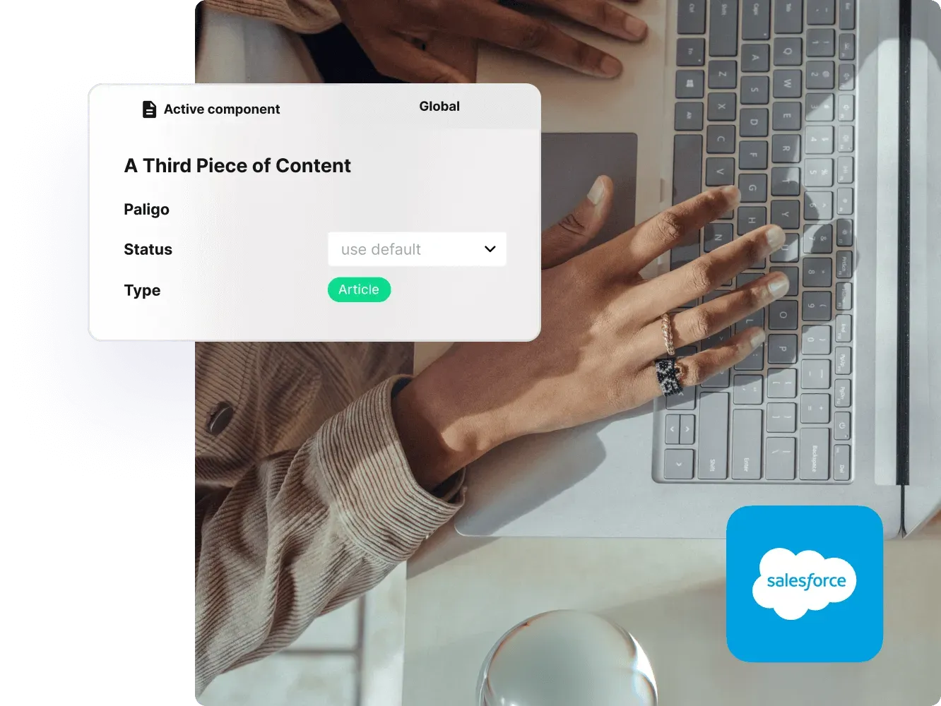 Paligo component panel with Status and Type settings, with the Salesforce logo