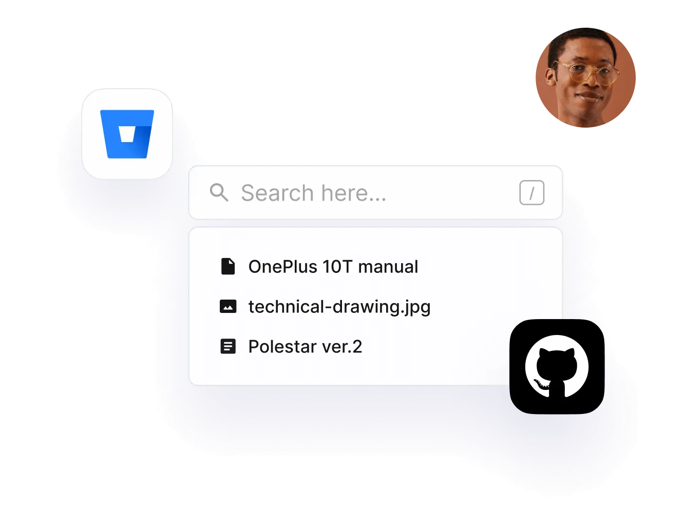 Search results for a manual, a drawing and a release, with Bitbucket and GitHub logos