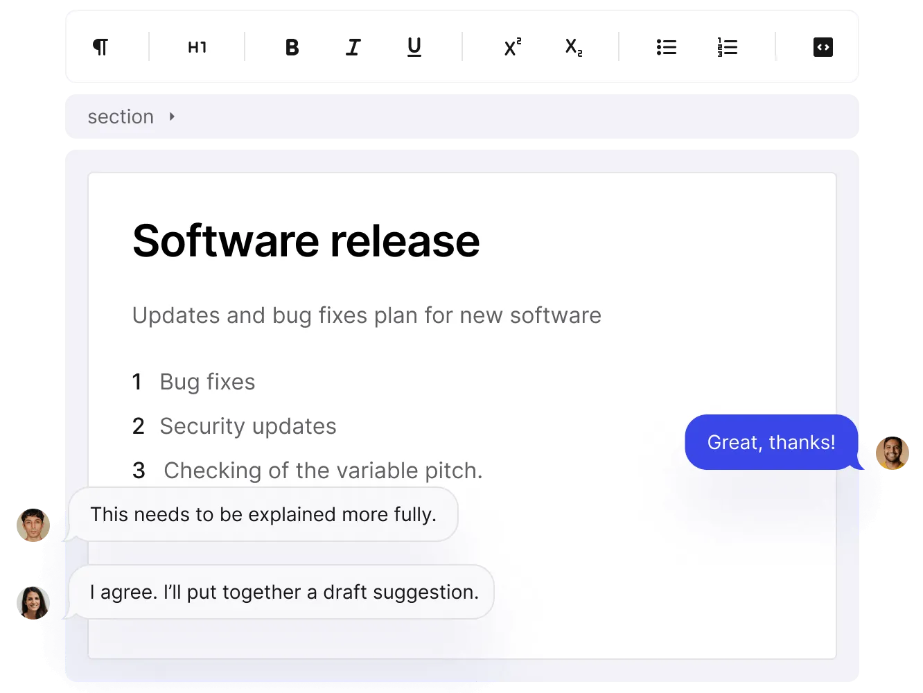 Software release topic in the Paligo editor with reviewer comments