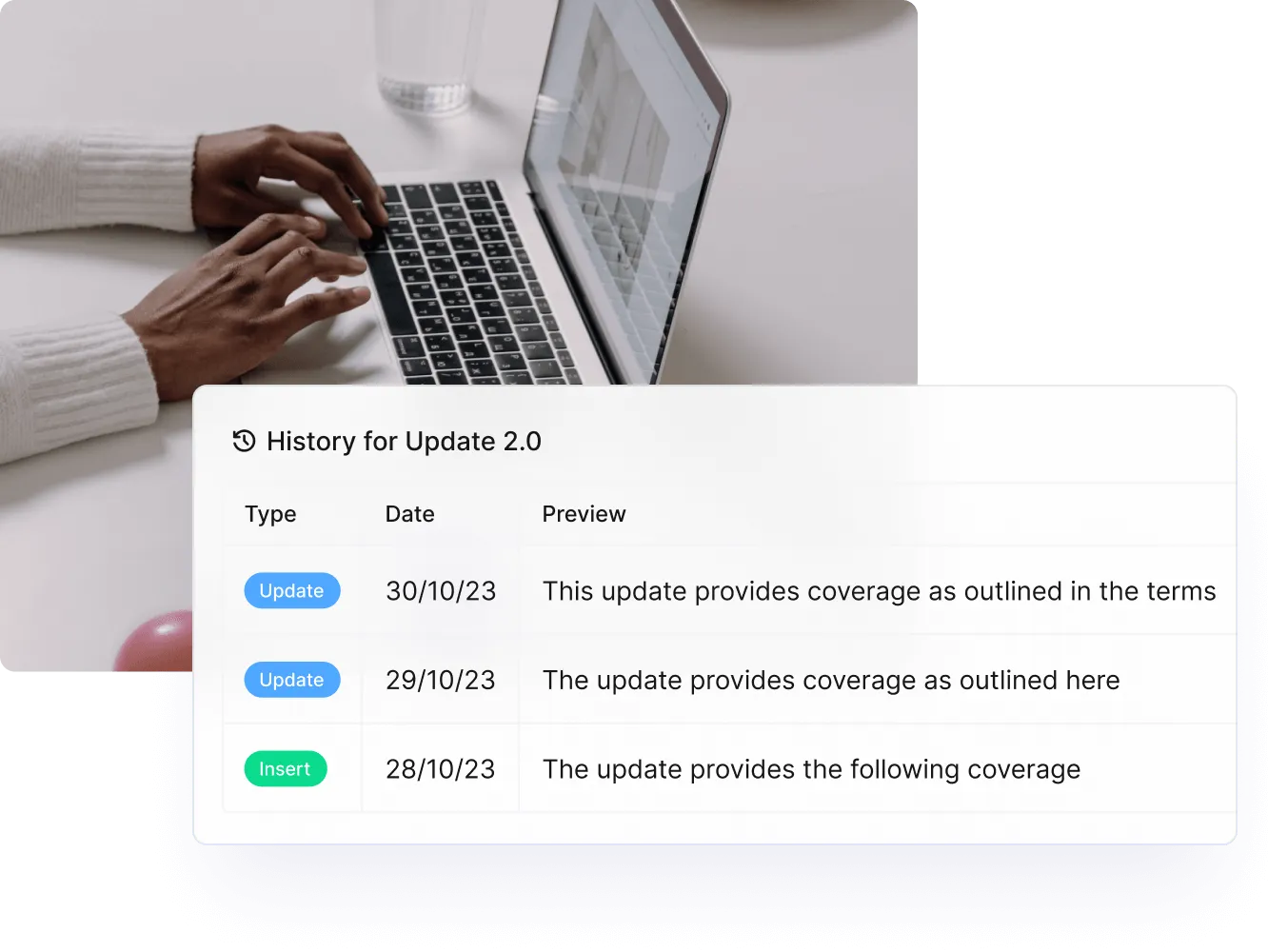 Person typing on a laptop, with the change history of an update in Paligo