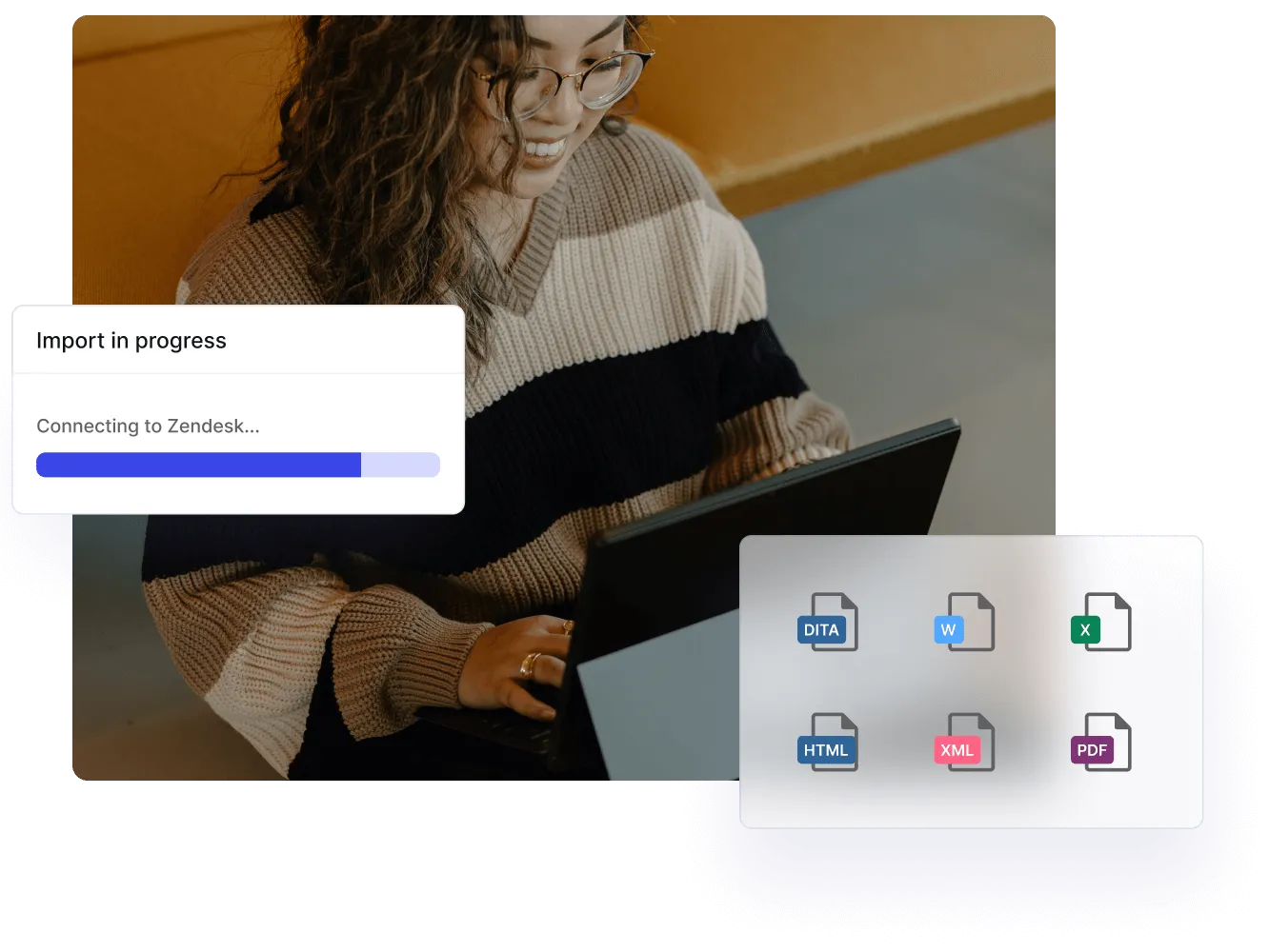 Woman at a laptop, with a Paligo import from Zendesk in progress and output formats