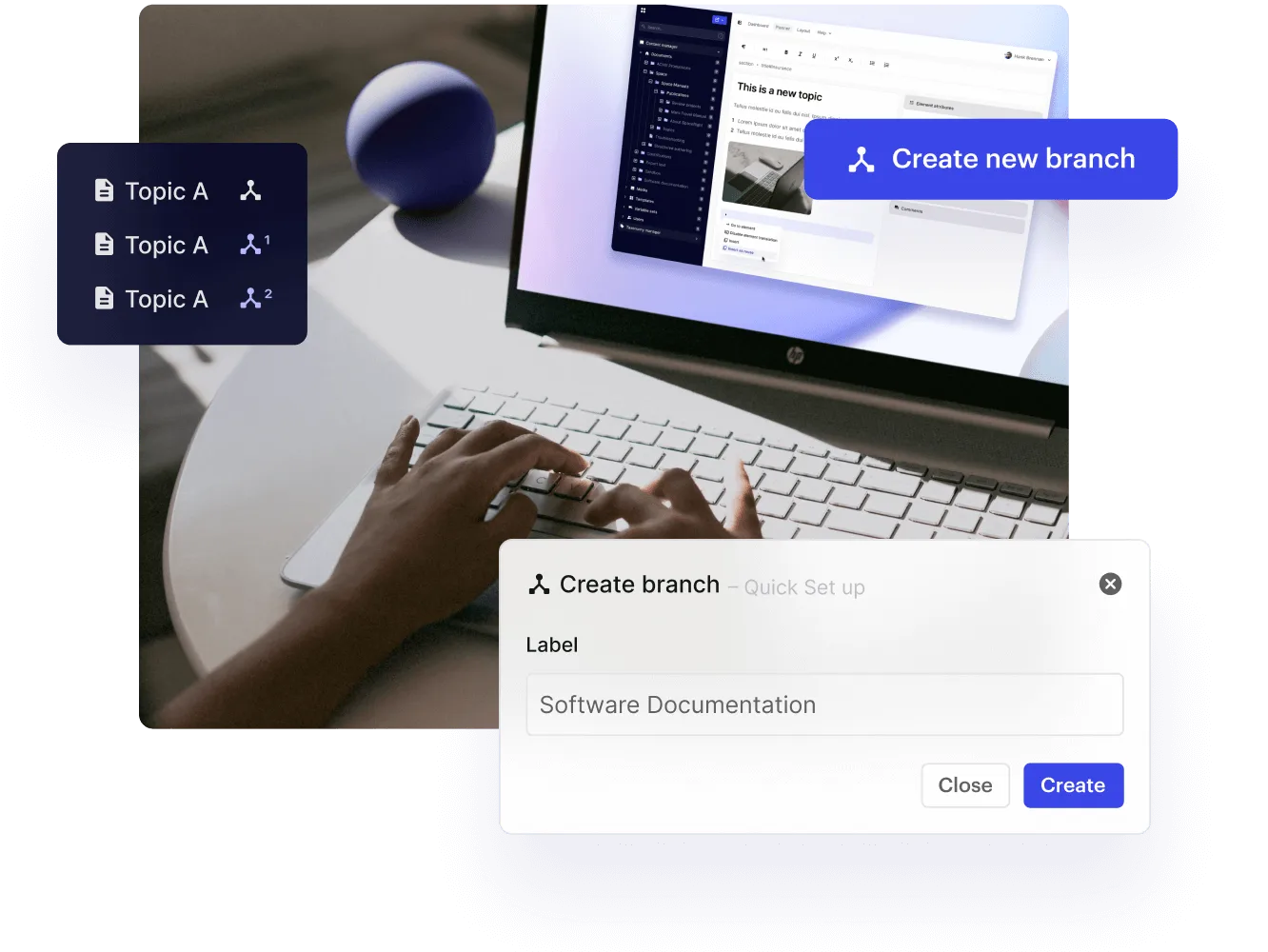 Paligo Create branch dialog and branched topics over a laptop