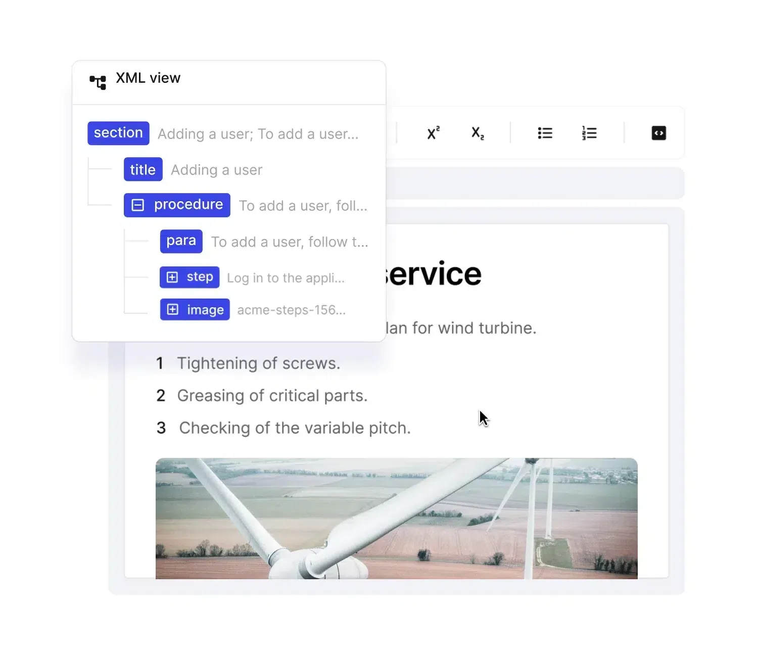 Structured authoring in Paligo: an EML topic editor beside a published turbine service procedure
