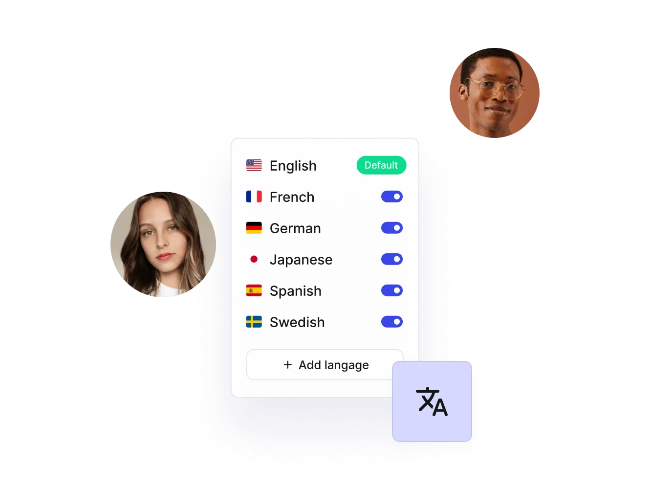 Paligo language list with English as default and five languages enabled, with two portraits