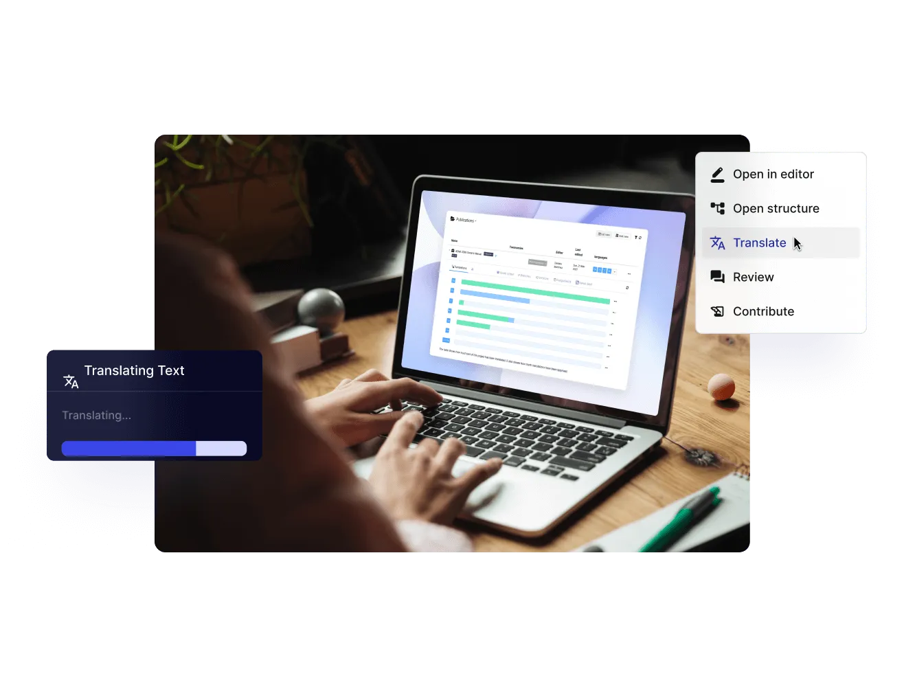 Laptop with Paligo's Translate menu and a translation progress bar