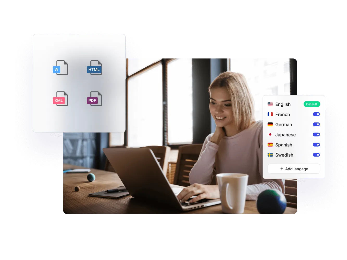 Woman at a laptop, with Paligo output formats and a list of enabled languages