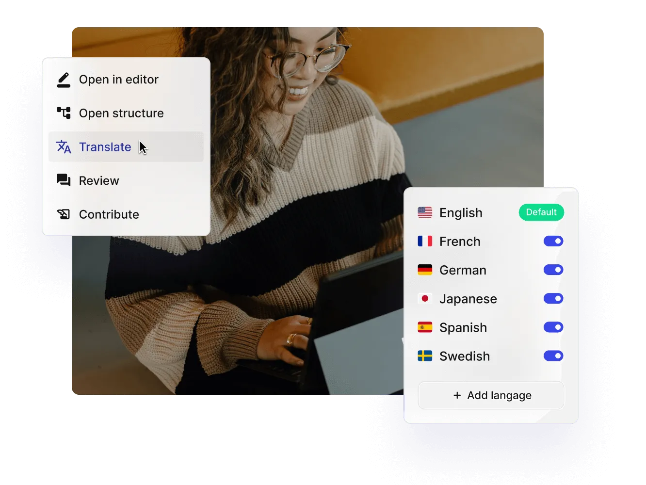 Woman at a laptop, with Paligo's Translate menu and a list of enabled languages