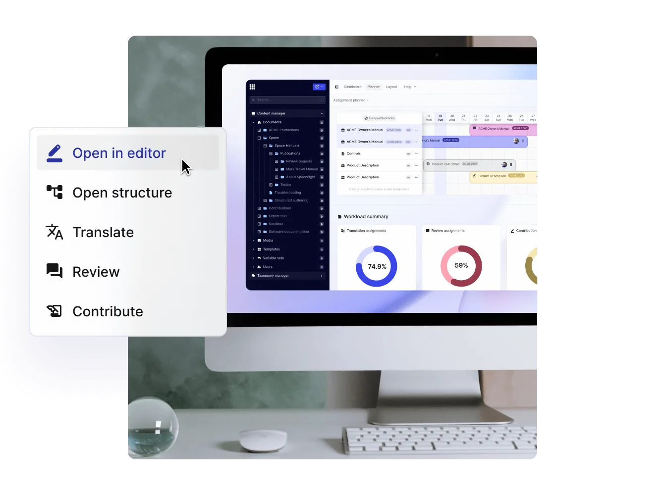 Paligo content repository with its Open in editor, Translate, Review and Contribute menu