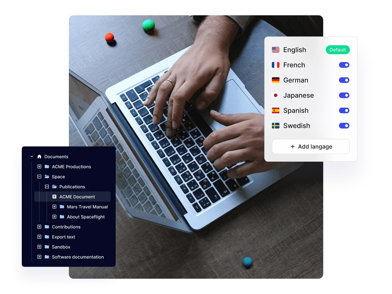 Paligo language settings next to a content structure tree