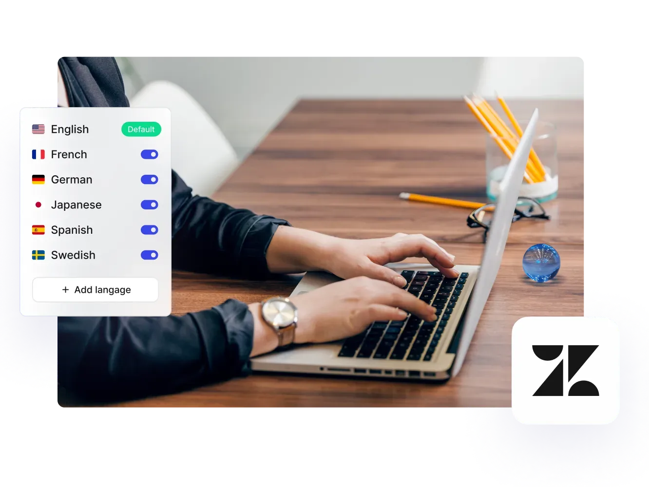 Paligo language list with English as default and French, German, Japanese, Spanish and Swedish enabled, with the Zendesk logo